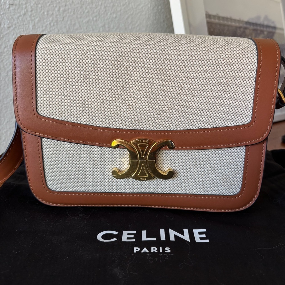 Celine Triomphe Medium Crossbody bag Tan Cream canvas leather